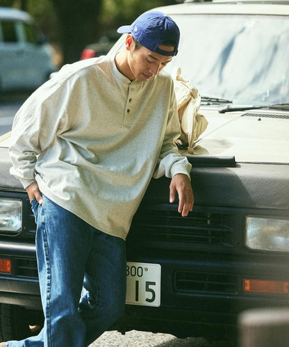 9盎司重磅寬鬆版型亨利領長袖T恤/重磅/長袖T恤