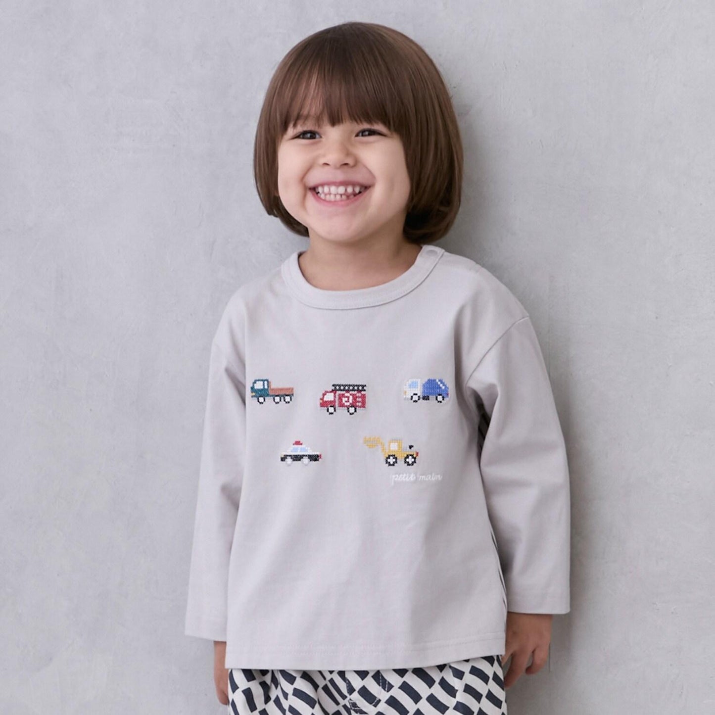 工程車輛刺繡長袖T恤