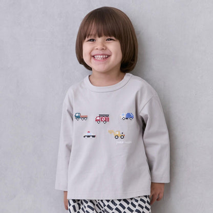 工程車輛刺繡長袖T恤