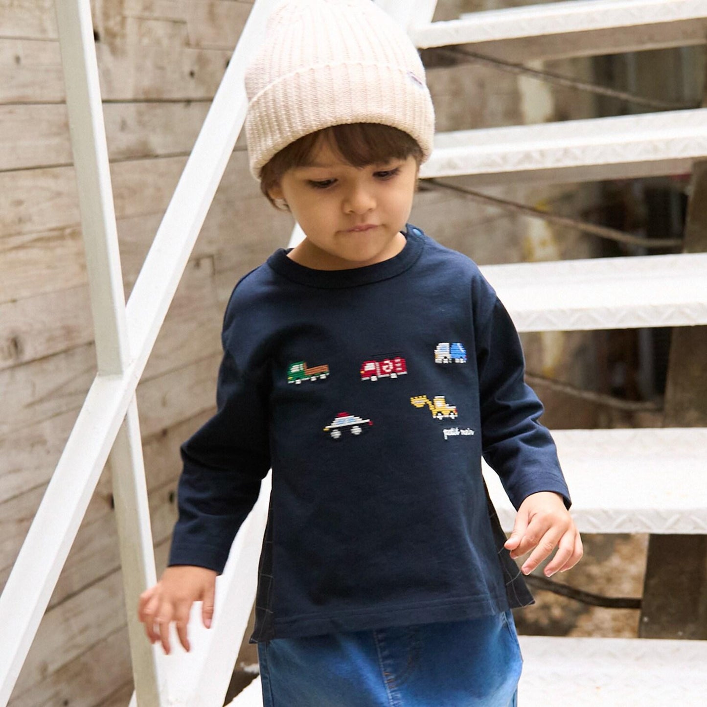 工程車輛刺繡長袖T恤