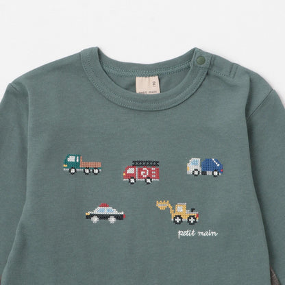 工程車輛刺繡長袖T恤