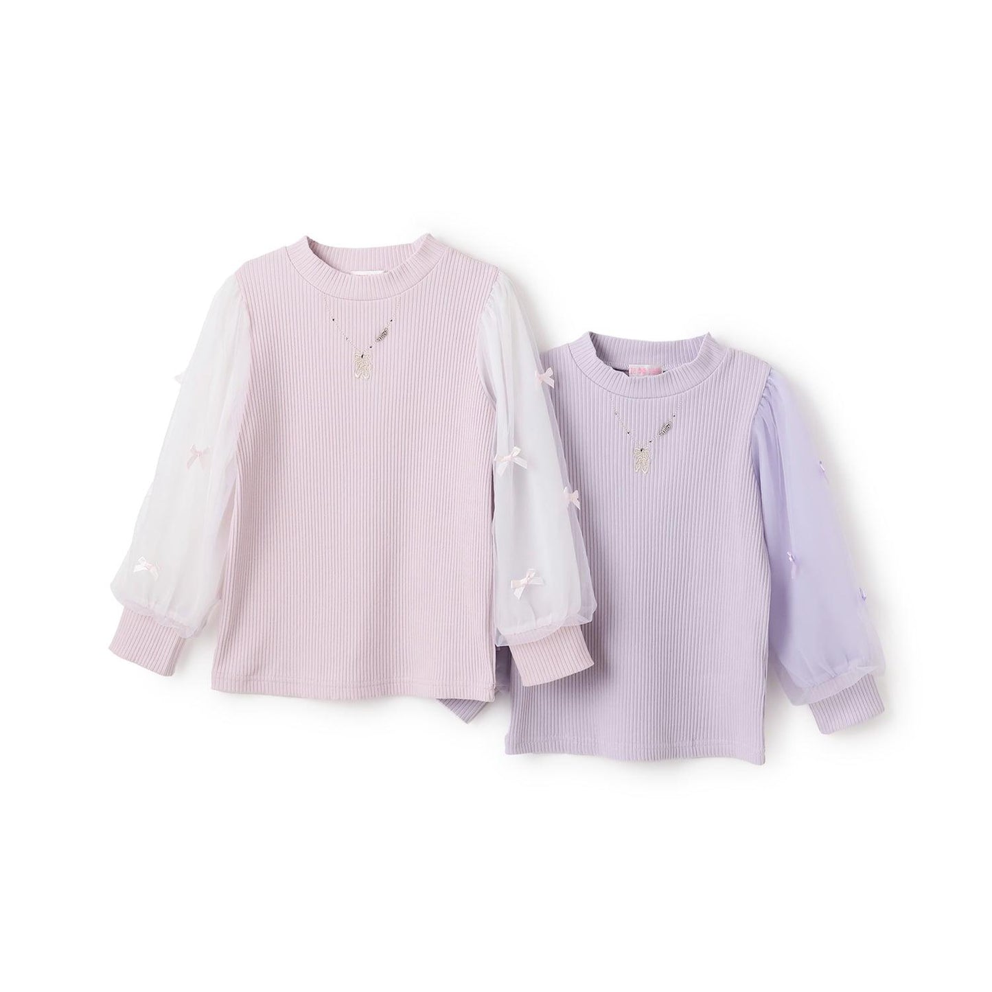 項鍊刺繡袖子網紗羅紋長袖T恤