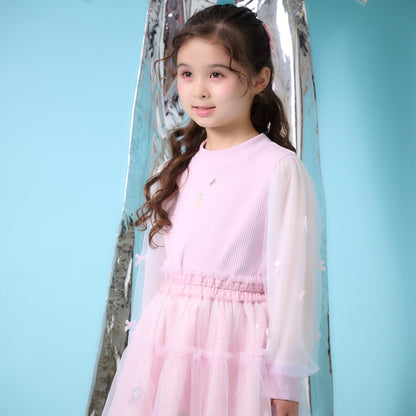 項鍊刺繡袖子網紗羅紋長袖T恤