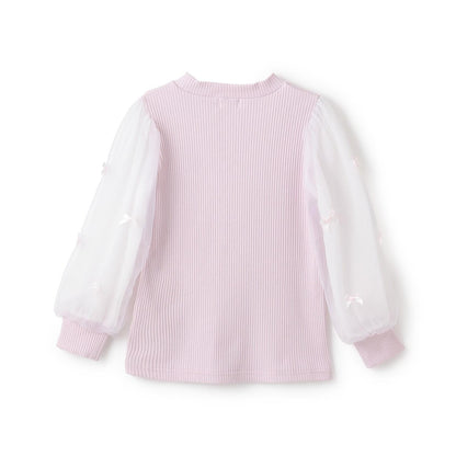 項鍊刺繡袖子網紗羅紋長袖T恤