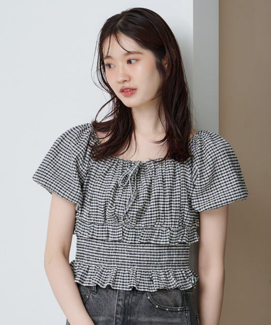 Kastane 格紋泡泡袖上衣