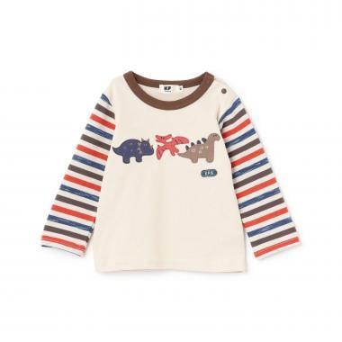 恐龍貼布繡拼接袖條紋長袖T恤