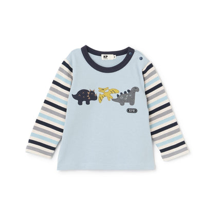 恐龍貼布繡拼接袖條紋長袖T恤