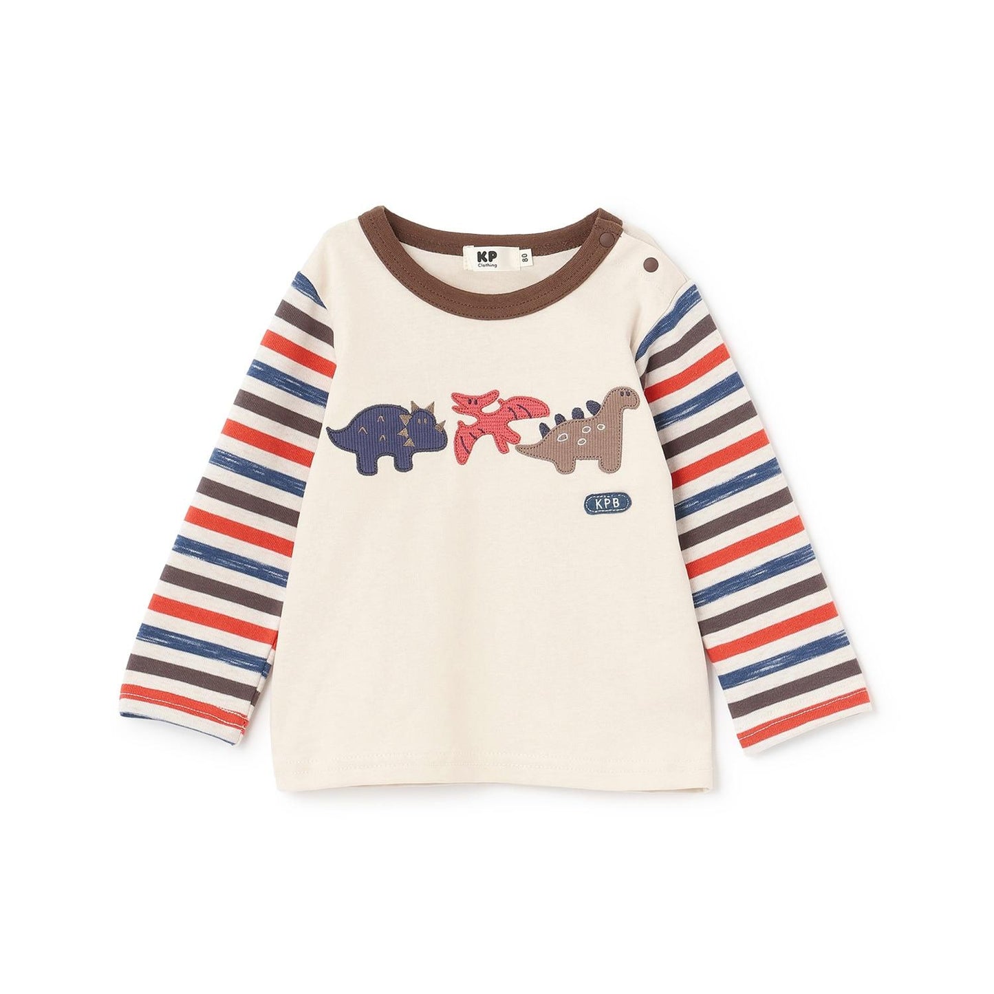 恐龍貼布繡拼接袖條紋長袖T恤