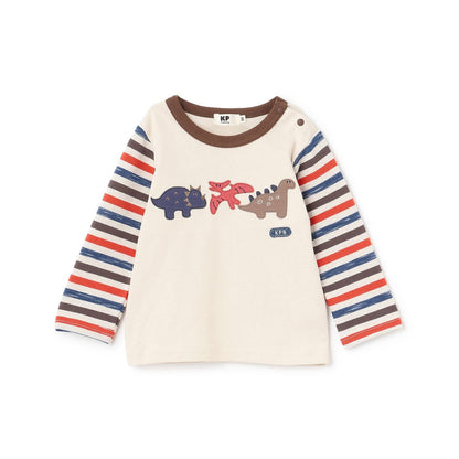 恐龍貼布繡拼接袖條紋長袖T恤