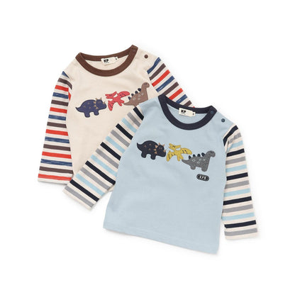 恐龍貼布繡拼接袖條紋長袖T恤