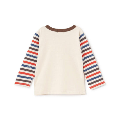 恐龍貼布繡拼接袖條紋長袖T恤