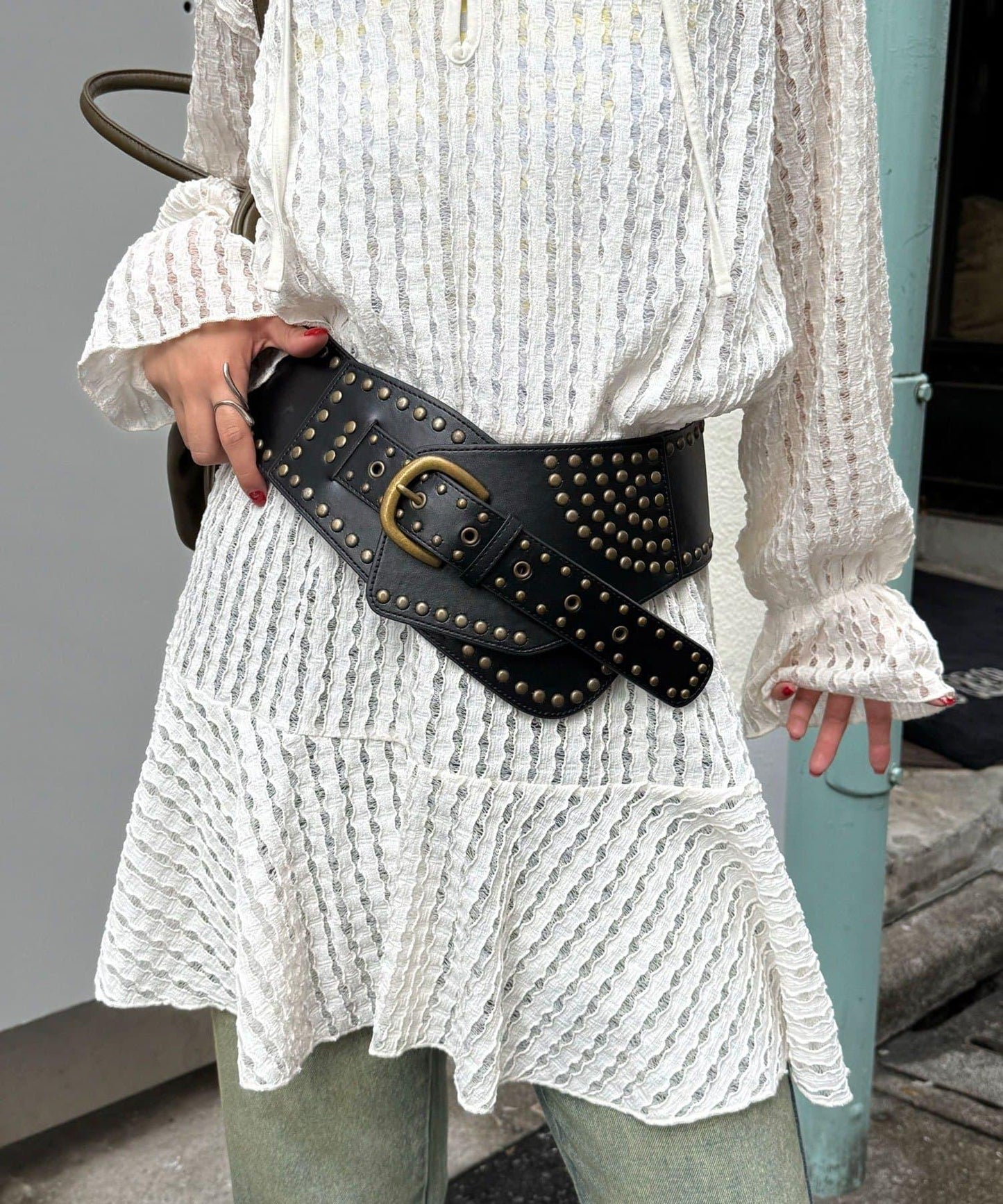 鉚釘寬版西部風腰帶