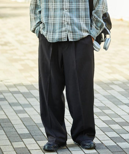 寬鬆直筒一褶西裝長褲