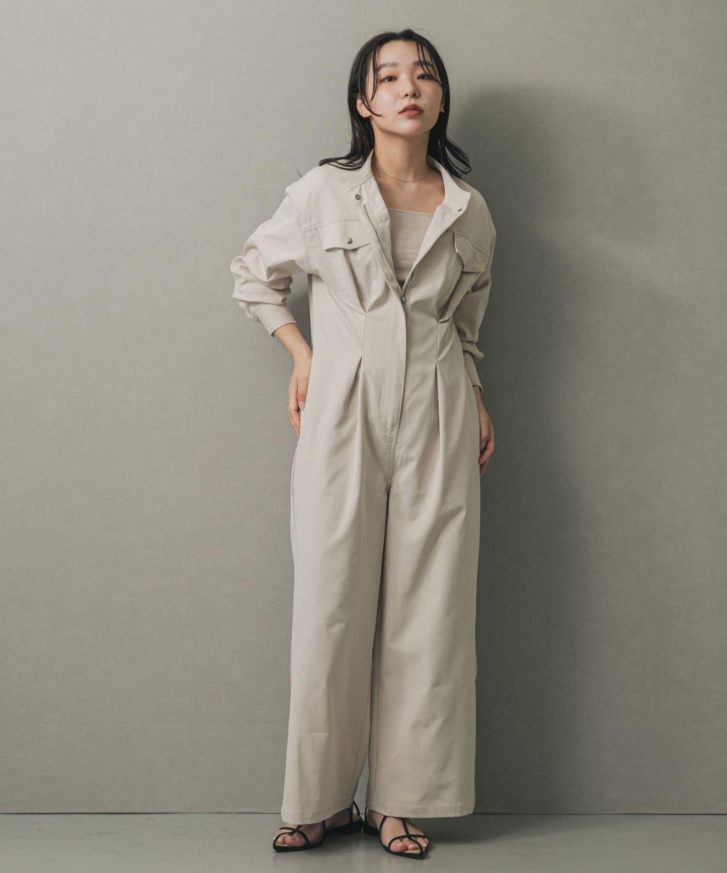 無領收腰連體褲