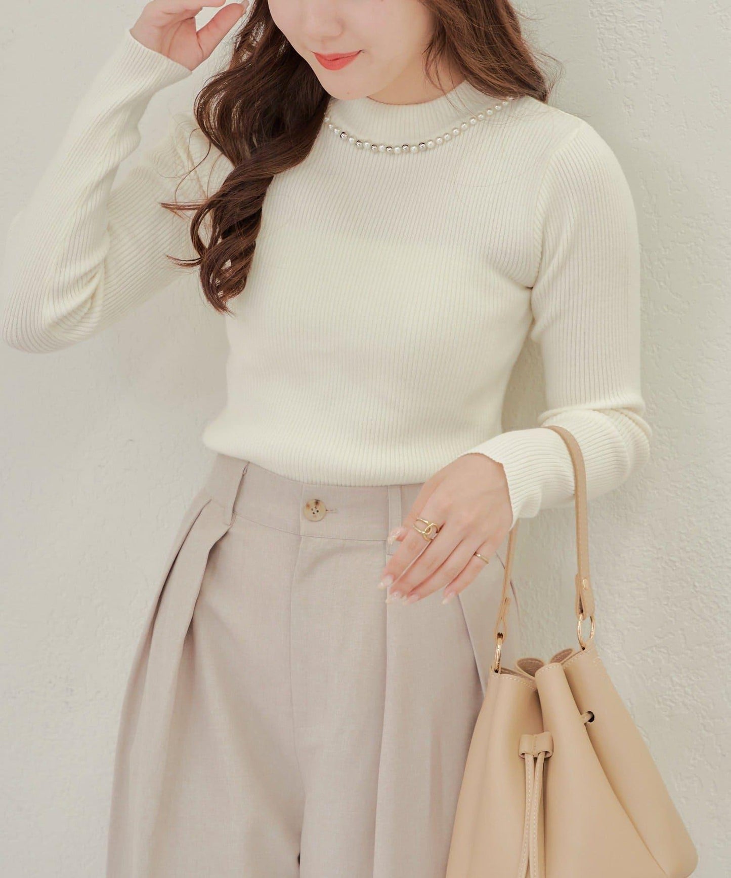 【RMAF】珍珠裝飾小高領羅紋針織衫