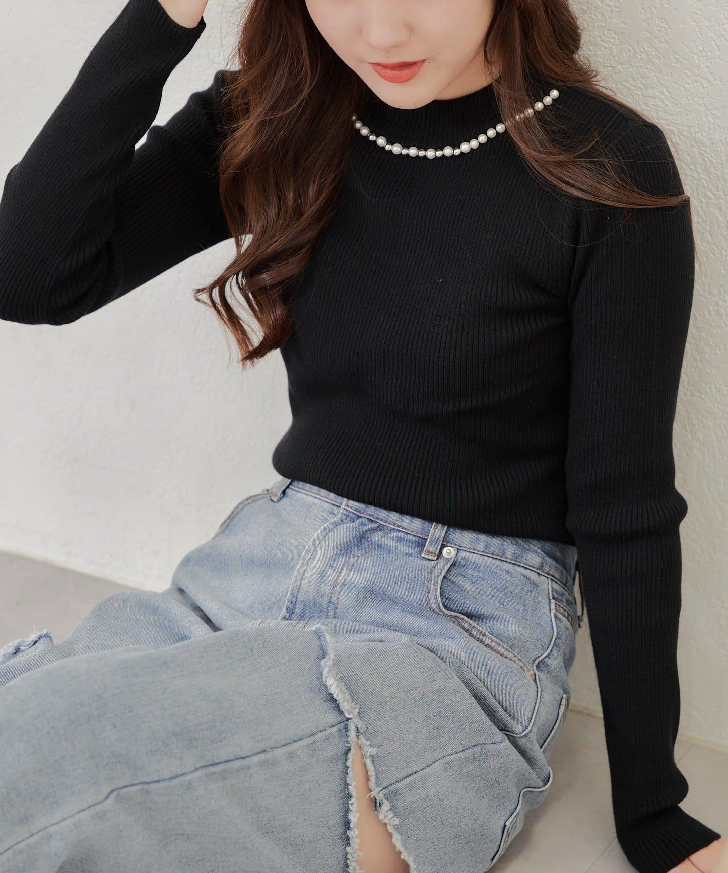 【RMAF】珍珠裝飾小高領羅紋針織衫