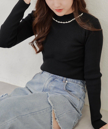 【RMAF】珍珠裝飾小高領羅紋針織衫