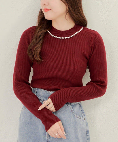 【RMAF】珍珠裝飾小高領羅紋針織衫