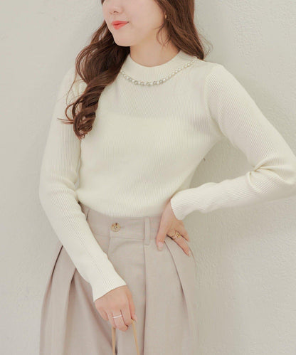 【RMAF】珍珠裝飾小高領羅紋針織衫