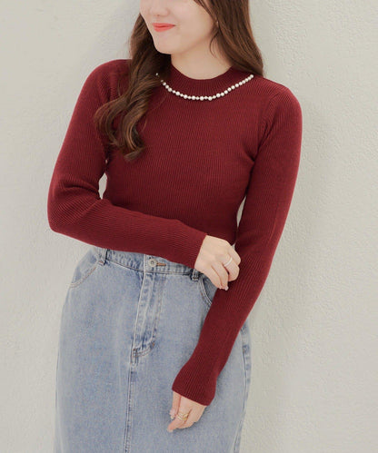 【RMAF】珍珠裝飾小高領羅紋針織衫