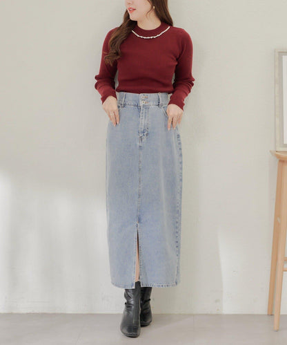 【RMAF】珍珠裝飾小高領羅紋針織衫