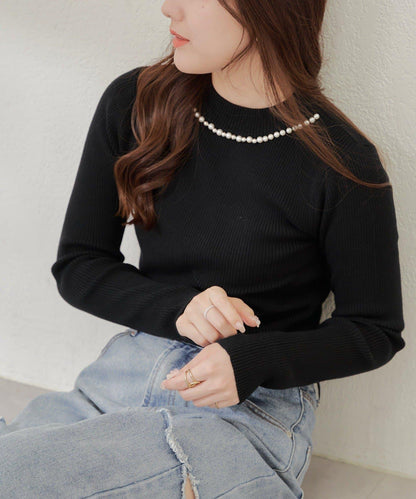 【RMAF】珍珠裝飾小高領羅紋針織衫
