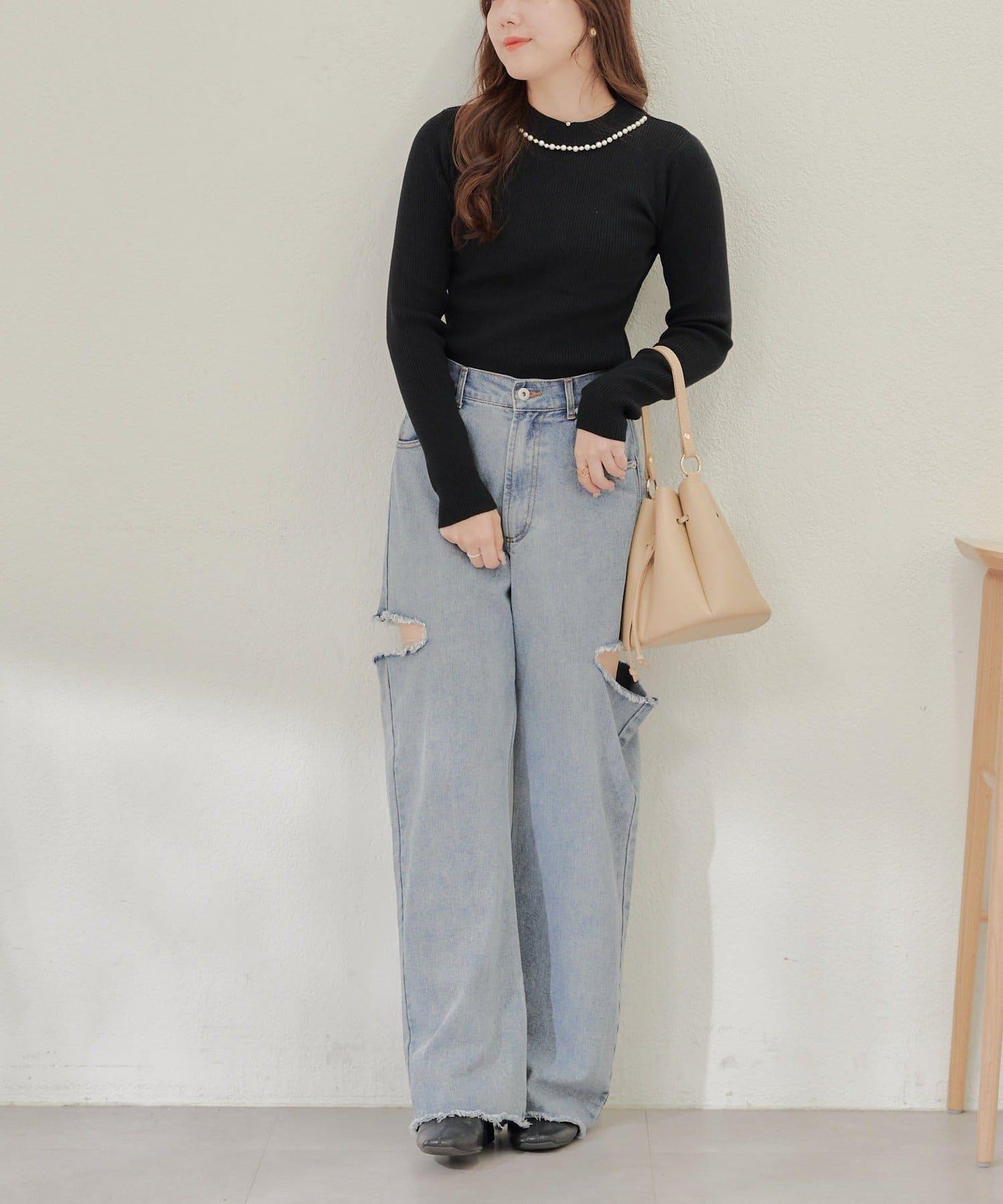 【RMAF】珍珠裝飾小高領羅紋針織衫