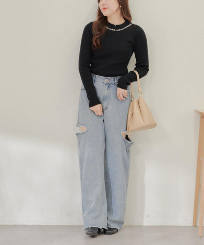 【RMAF】珍珠裝飾小高領羅紋針織衫