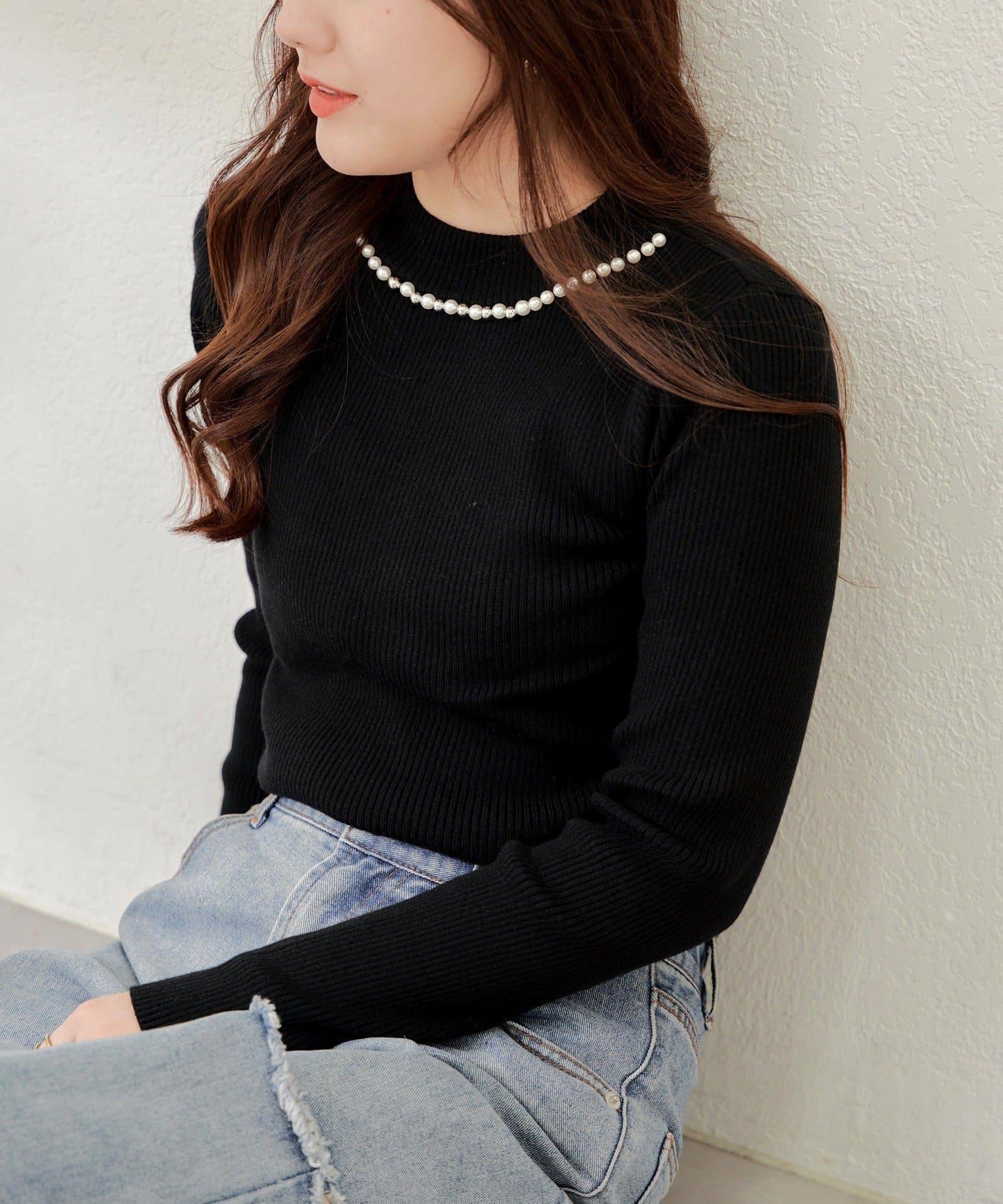 【RMAF】珍珠裝飾小高領羅紋針織衫