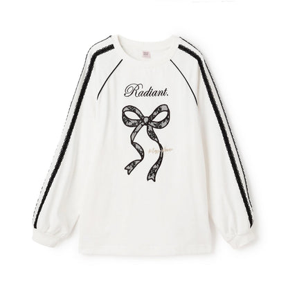 蕾絲蝴蝶結貼花長袖T恤