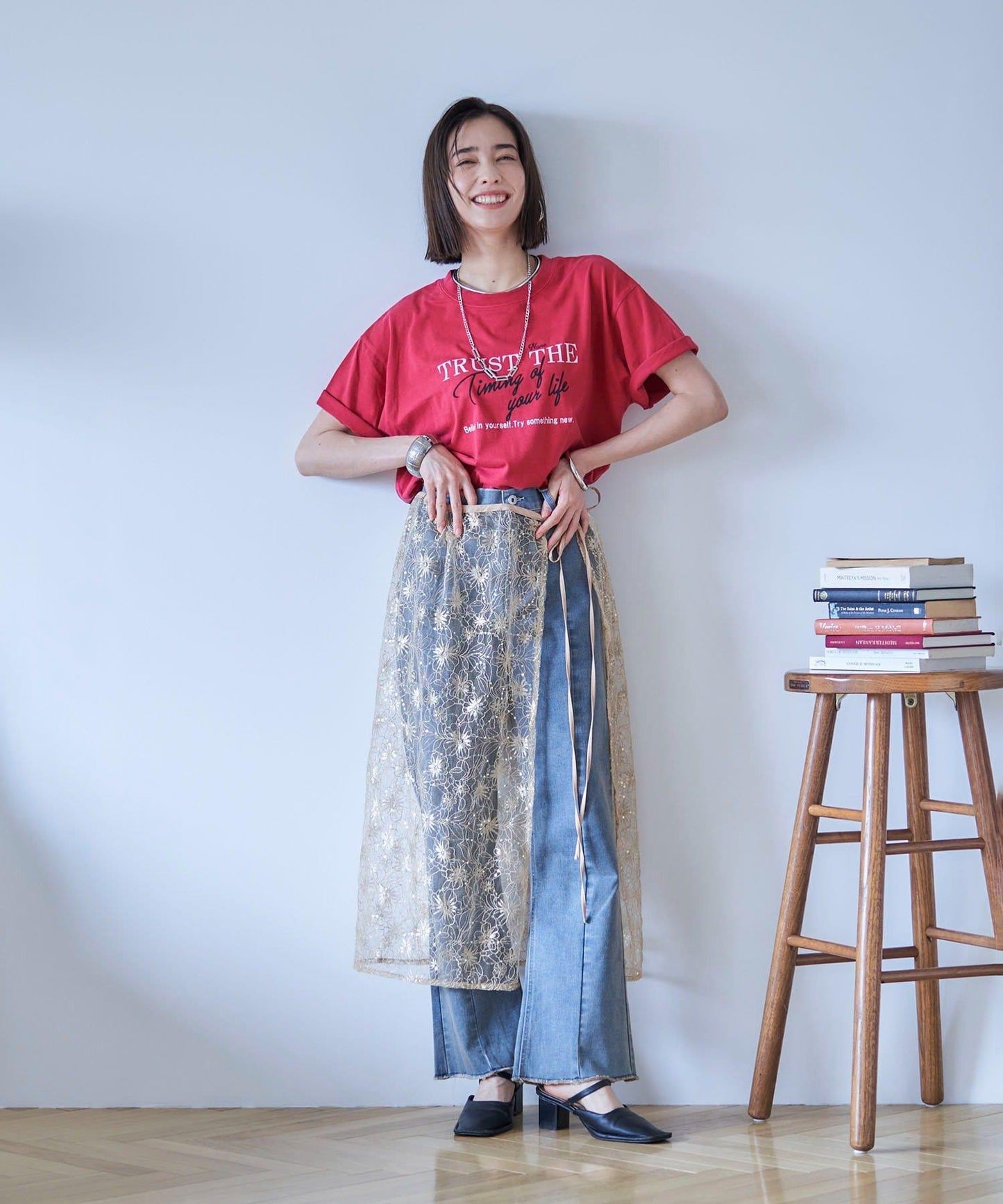 【nane】《サイズ展開有》直筒牛仔喇叭褲