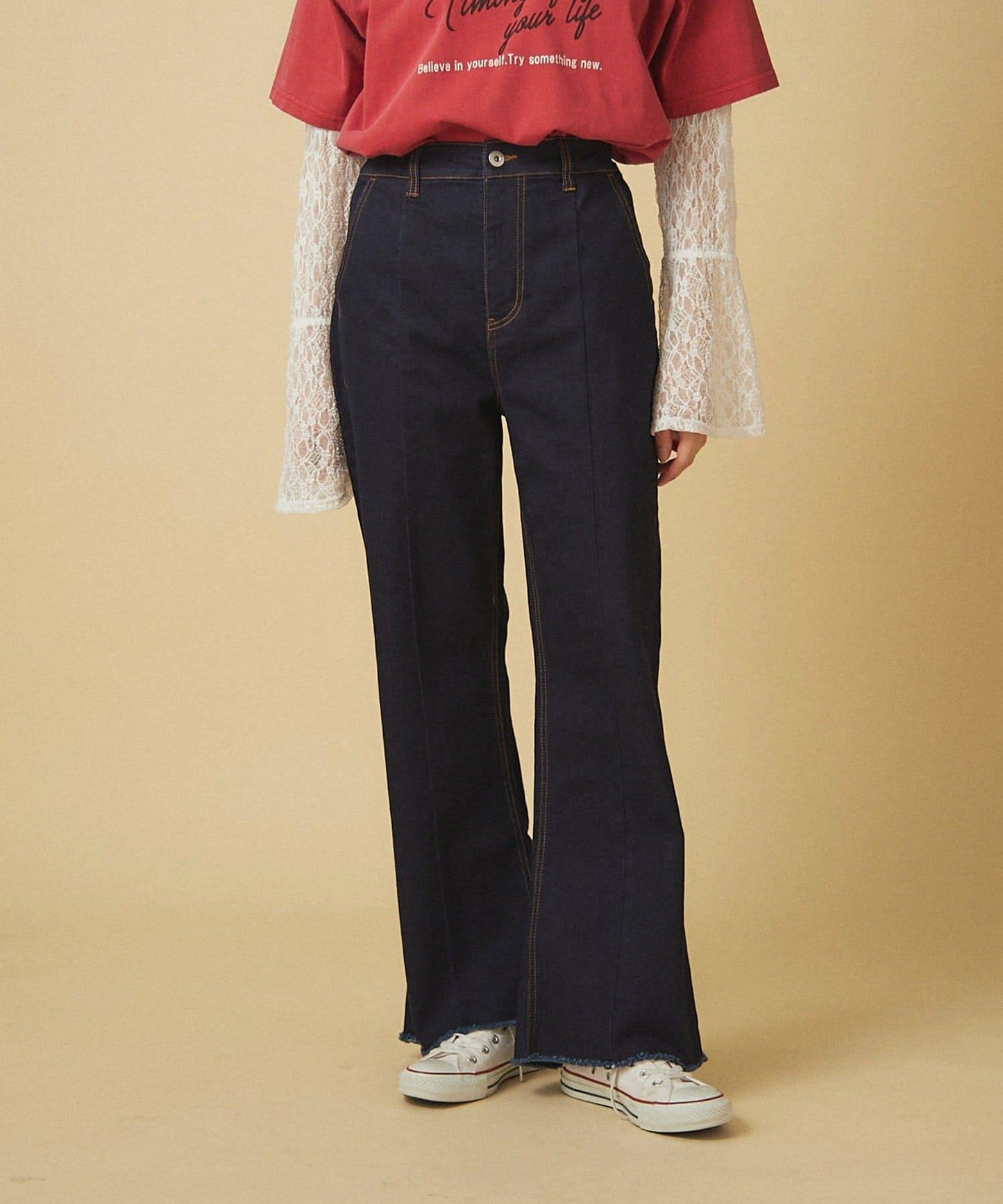 【nane】《サイズ展開有》直筒牛仔喇叭褲