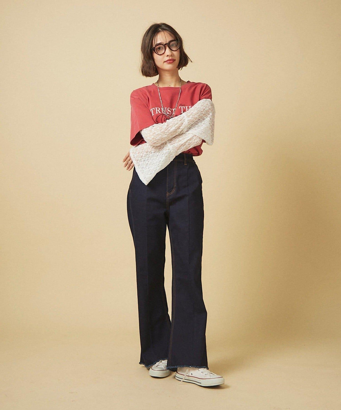 【nane】《サイズ展開有》直筒牛仔喇叭褲