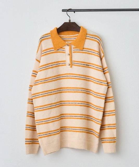【NUNIFE】多色條紋翻領針織衫