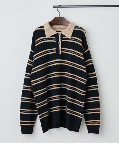 【NUNIFE】多色條紋翻領針織衫