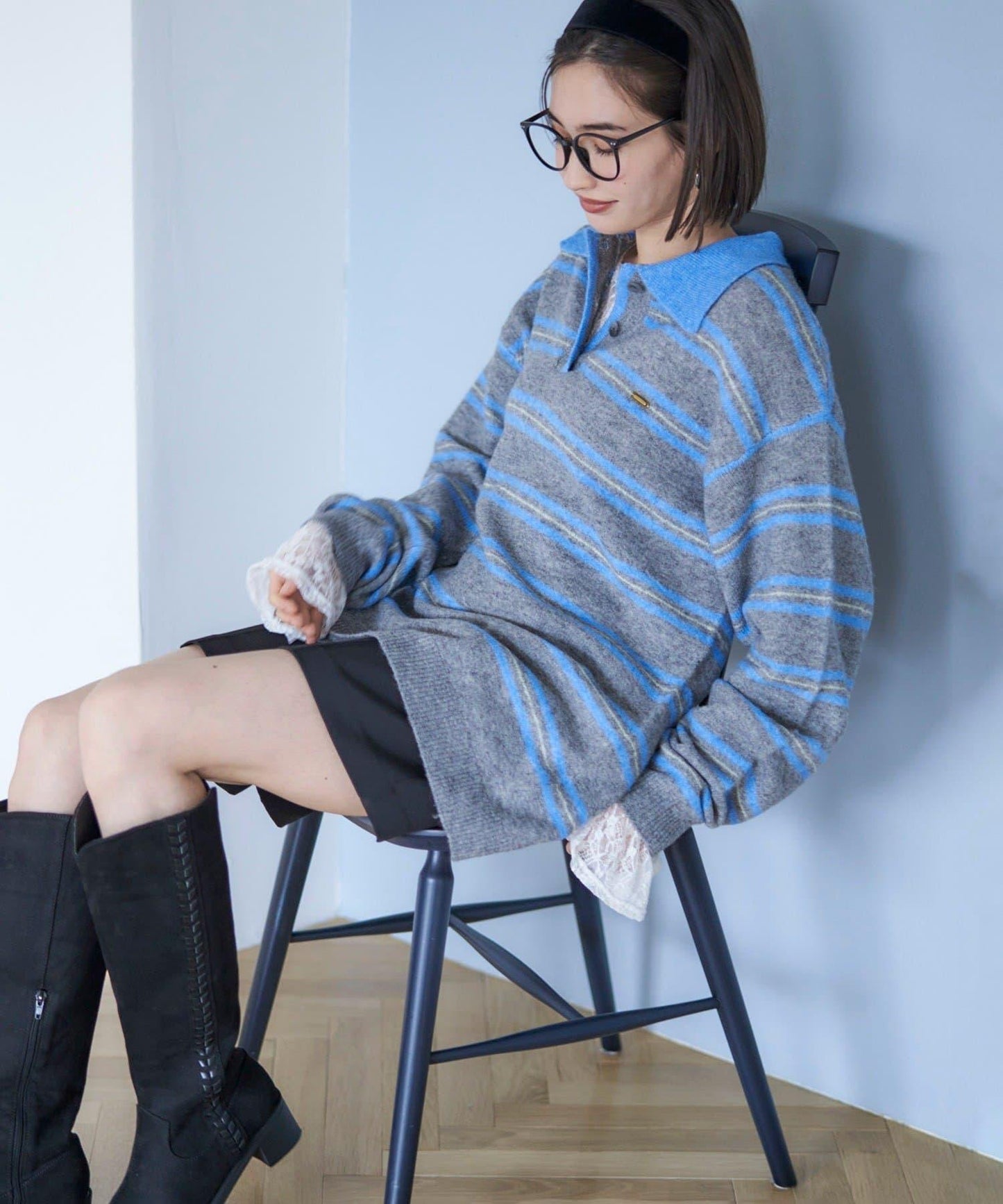 【NUNIFE】多色條紋翻領針織衫