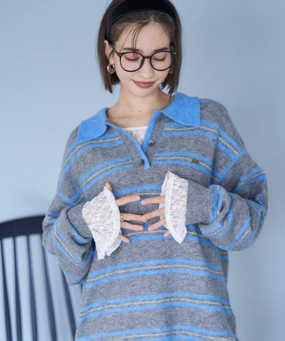 【NUNIFE】多色條紋翻領針織衫