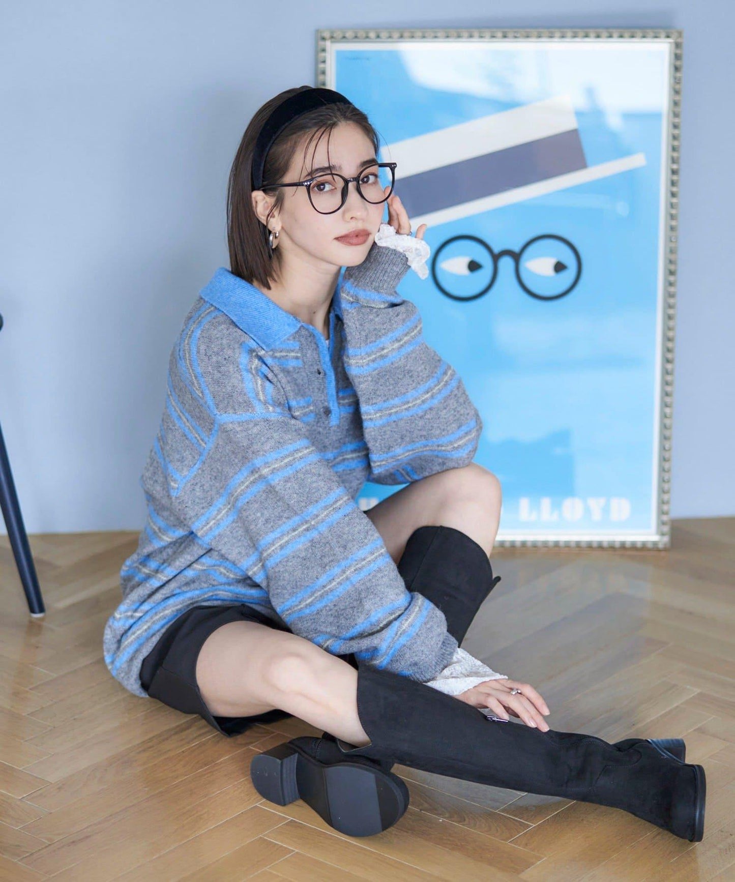 【NUNIFE】多色條紋翻領針織衫