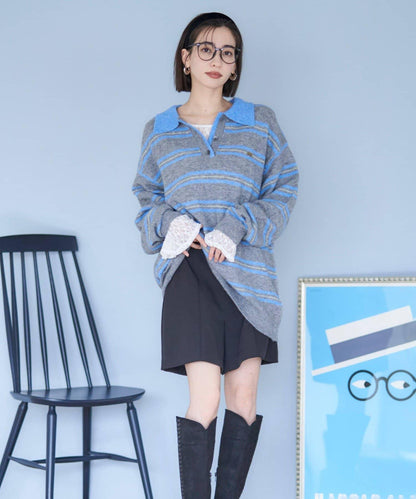 【NUNIFE】多色條紋翻領針織衫