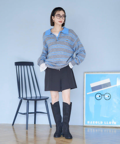 【NUNIFE】多色條紋翻領針織衫