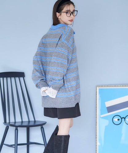 【NUNIFE】多色條紋翻領針織衫