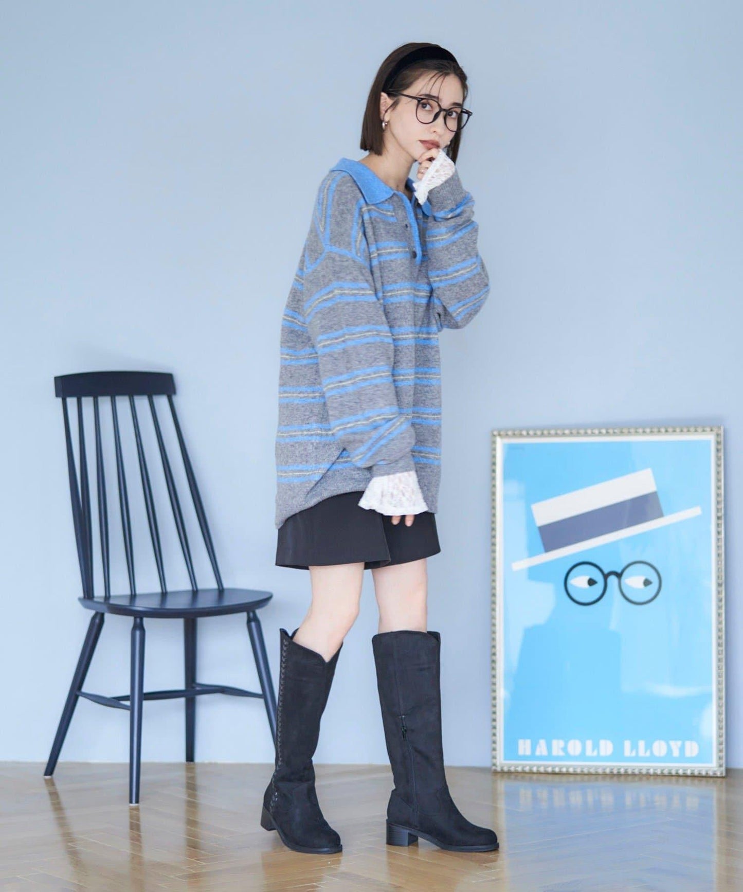 【NUNIFE】多色條紋翻領針織衫