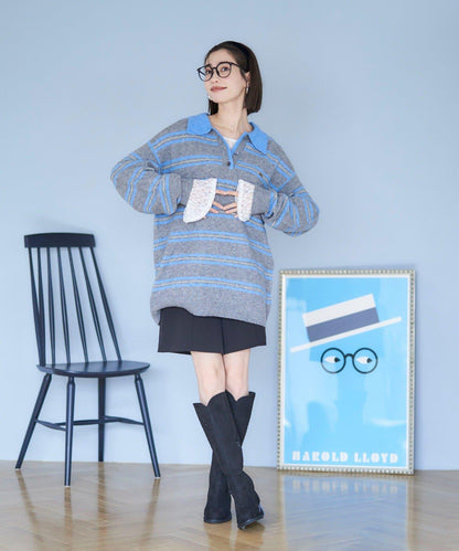 【NUNIFE】多色條紋翻領針織衫