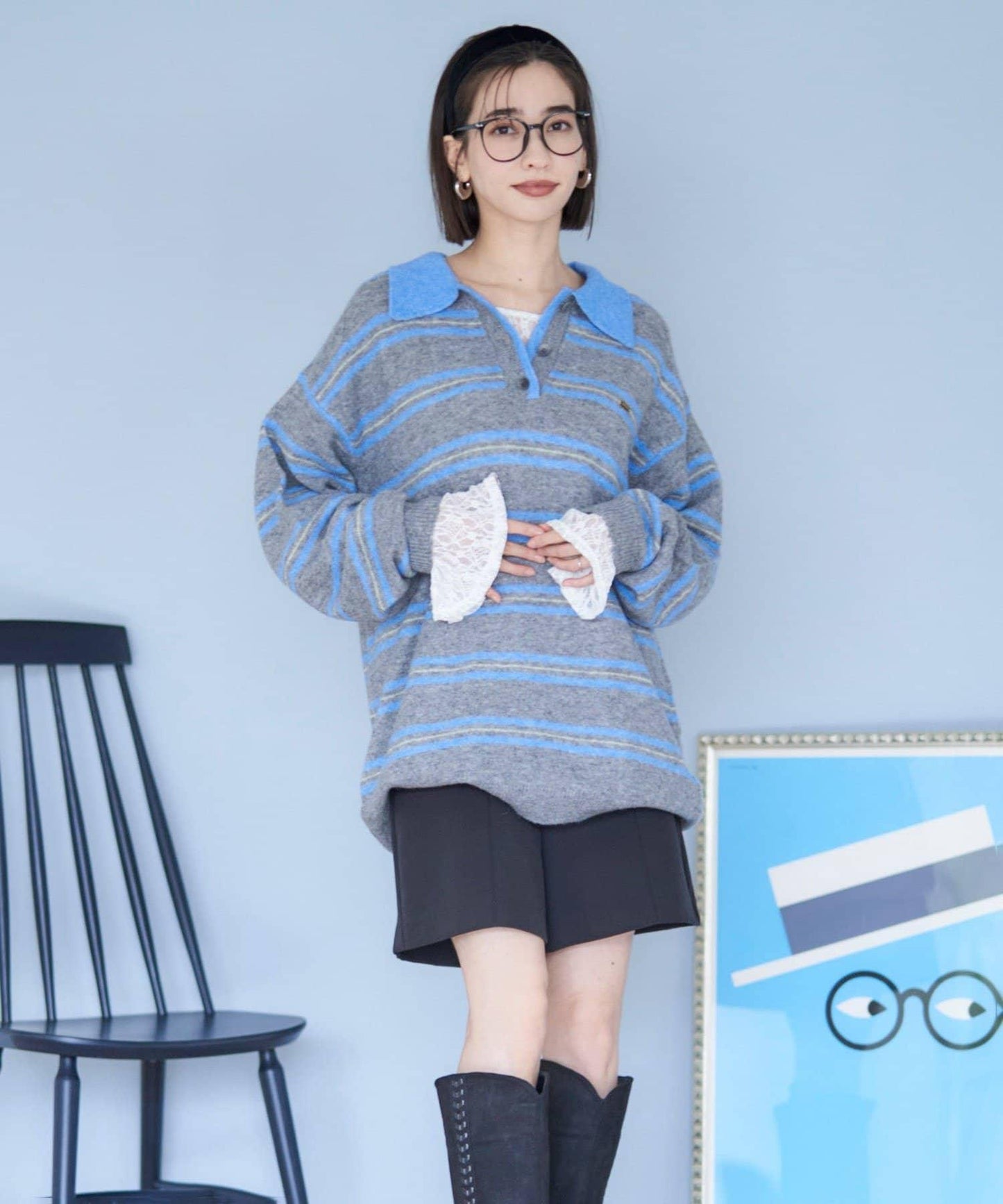 【NUNIFE】多色條紋翻領針織衫