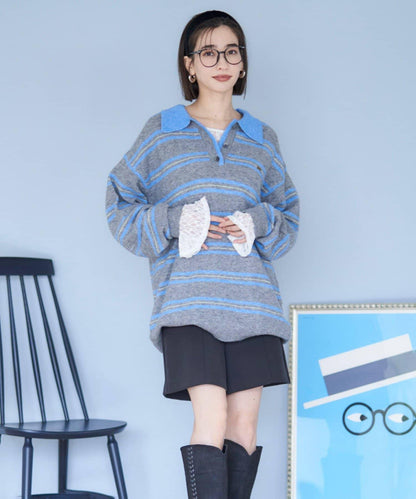 【NUNIFE】多色條紋翻領針織衫