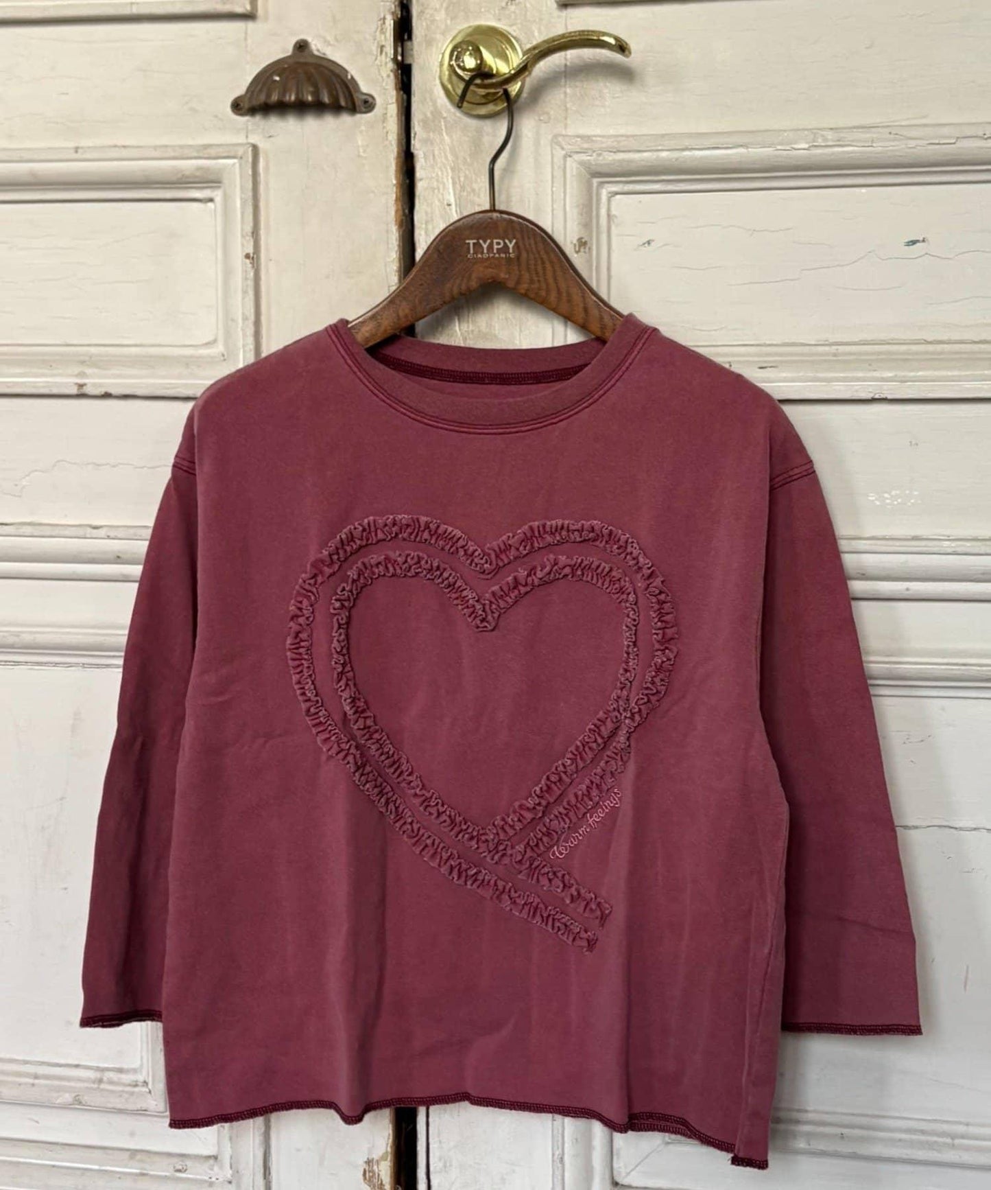 【KIDS】水洗工藝愛心圖案長袖T恤