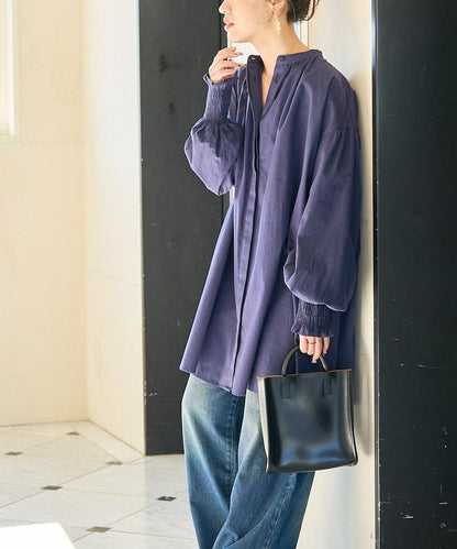 印度棉斜紋褶皺泡泡袖襯衫