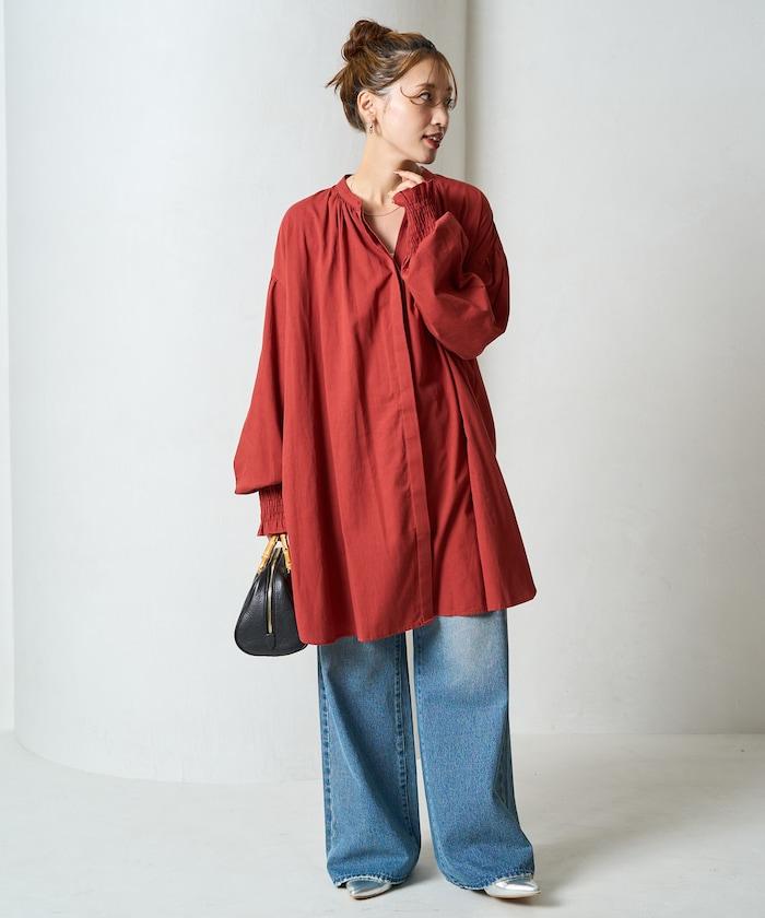 印度棉斜紋褶皺泡泡袖襯衫