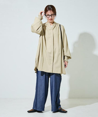 印度棉斜紋褶皺泡泡袖襯衫