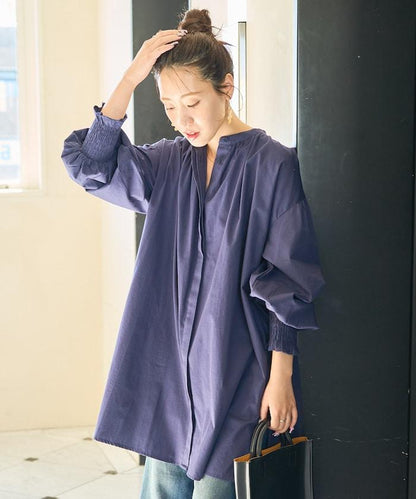 印度棉斜紋褶皺泡泡袖襯衫